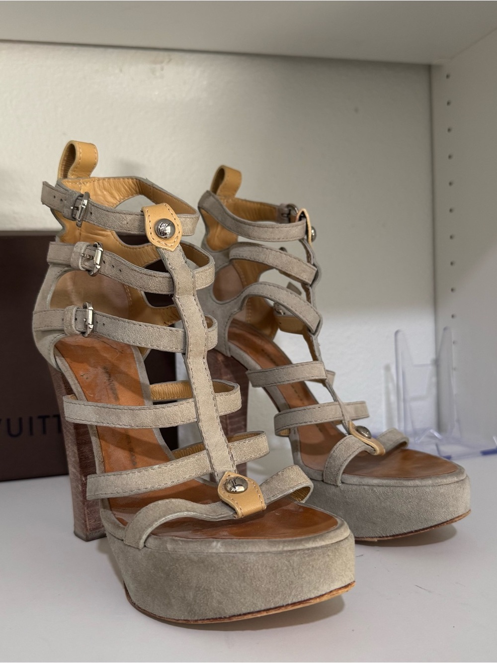 Giuseppe Zanotti Beige Suede Strappy Platform Sandals with Tan Accents